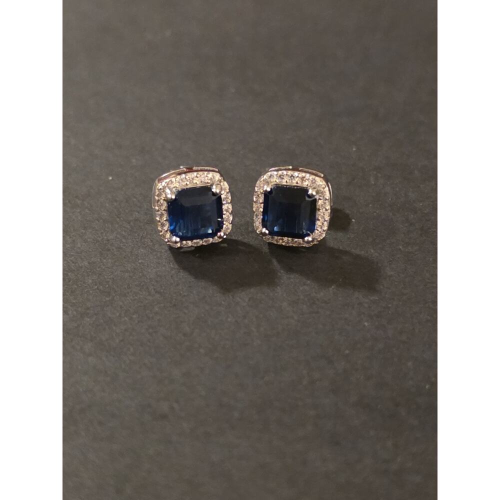Sterling Silver Blue Sapphire CZ Halo Stud Earrings Square Cushion Cut Classic